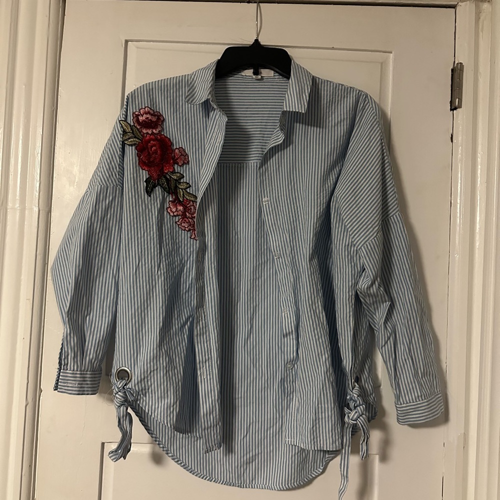 Miss Lili Blue Striped Shirt with Red Floral Detail